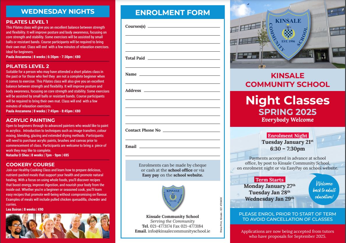 KinsaleComSch's tweet image. 📢 Still time to enrol!  A few spaces are available in our Cookery, Singing for Well-Being, &amp;amp; Italian night classes—starting next week! 🍝🎶🇮🇹  Don&apos;t miss out—sign up now! ✨📚  See our website for more info! #NightClasses #Kinsale
