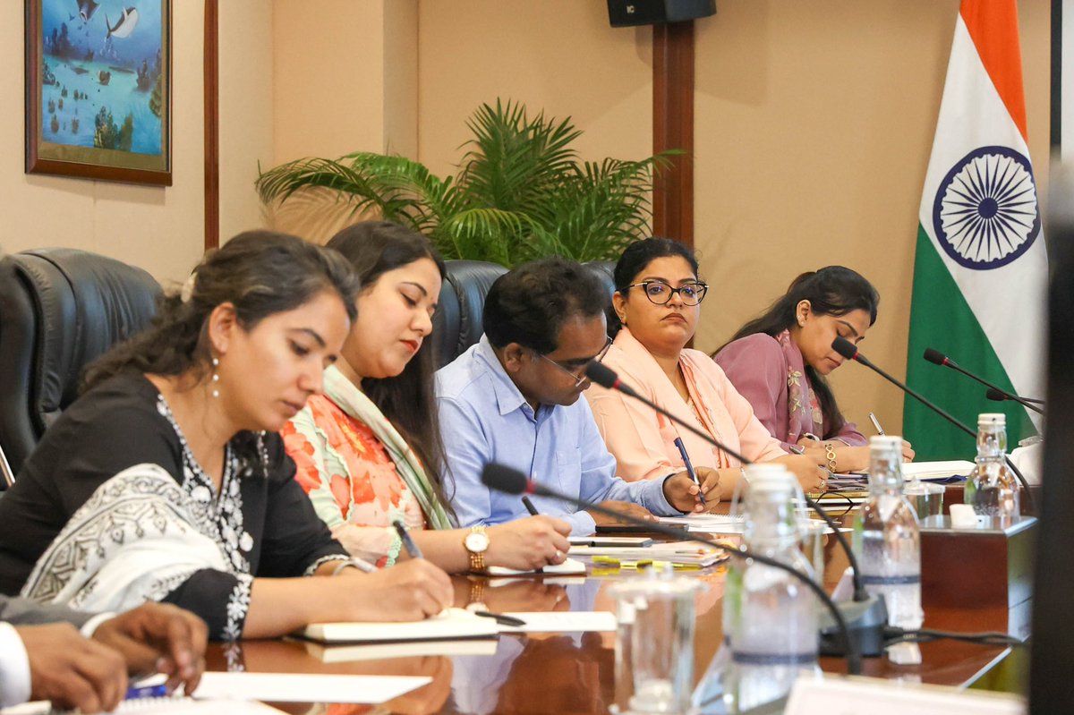 MoFAmv's tweet photo. The fifth bilateral review meeting between  🇲🇻 - 🇮🇳 on Indian LoC projects, co-chaired by #Maldives and #India, &amp; attended by officials from @MEAIndia, @IndiaEximBank, and GOM agencies, reviewed ongoing projects and addressed challenges for progress. @HCIMaldives https://t.co/GDU3iPJ618