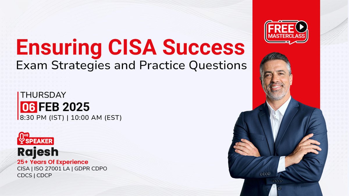 MKandari20235's tweet image. Ensuring CISA Success: Exam Strategies and Practice Questions

6 Feb (Thu)
8:30 – 9:30 PM (IST) 

Join here - infosectrain.com/events/ensurin…

#CISA #CISATRAINING #InfosecTrain