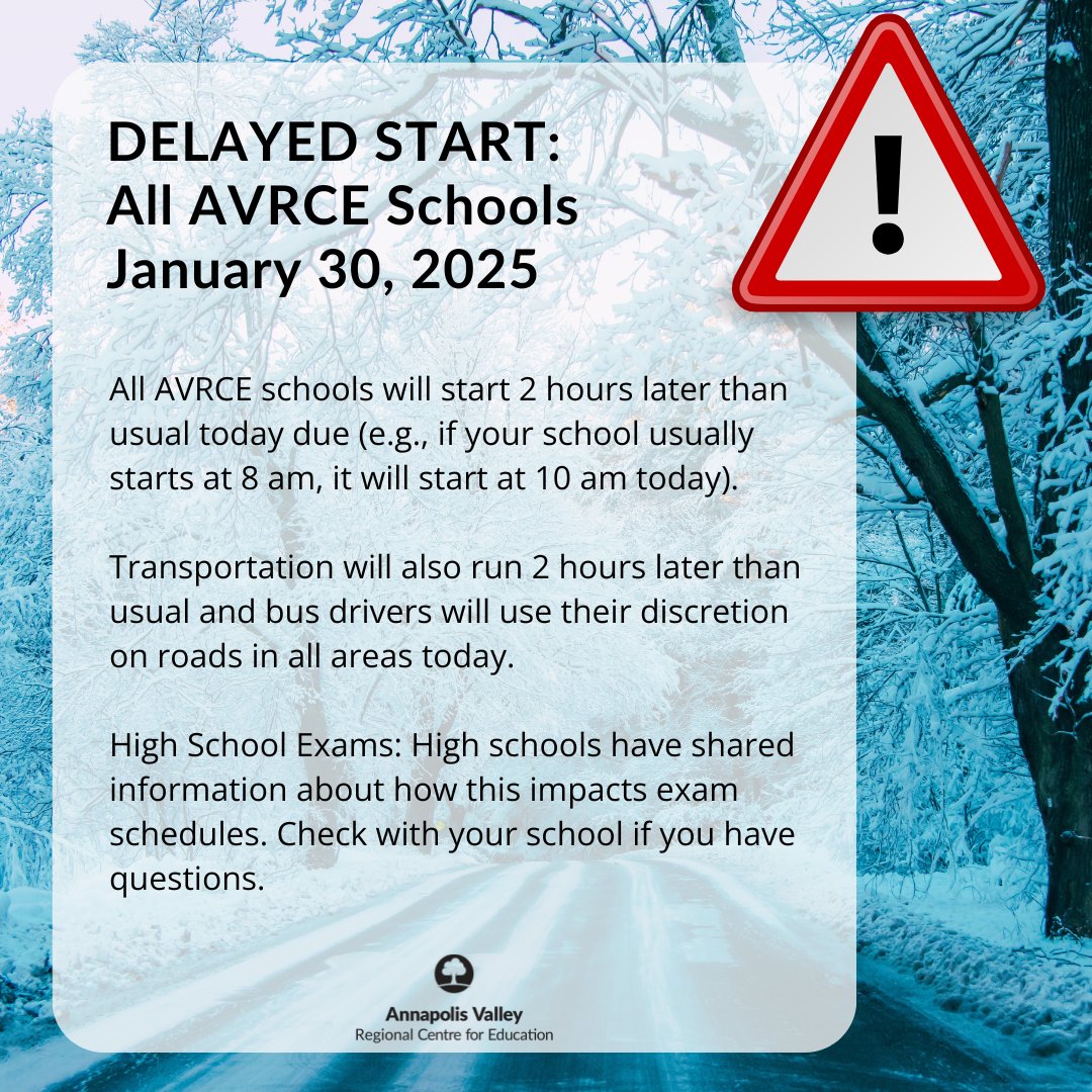 Jan 30/25: Schools will start 2 hours later than usual today. Bus drivers will also use their discretion on roads.  

High school exams: Schools have shared info directly with students/families about how this impacts exam schedules - check with your school if you have questions.