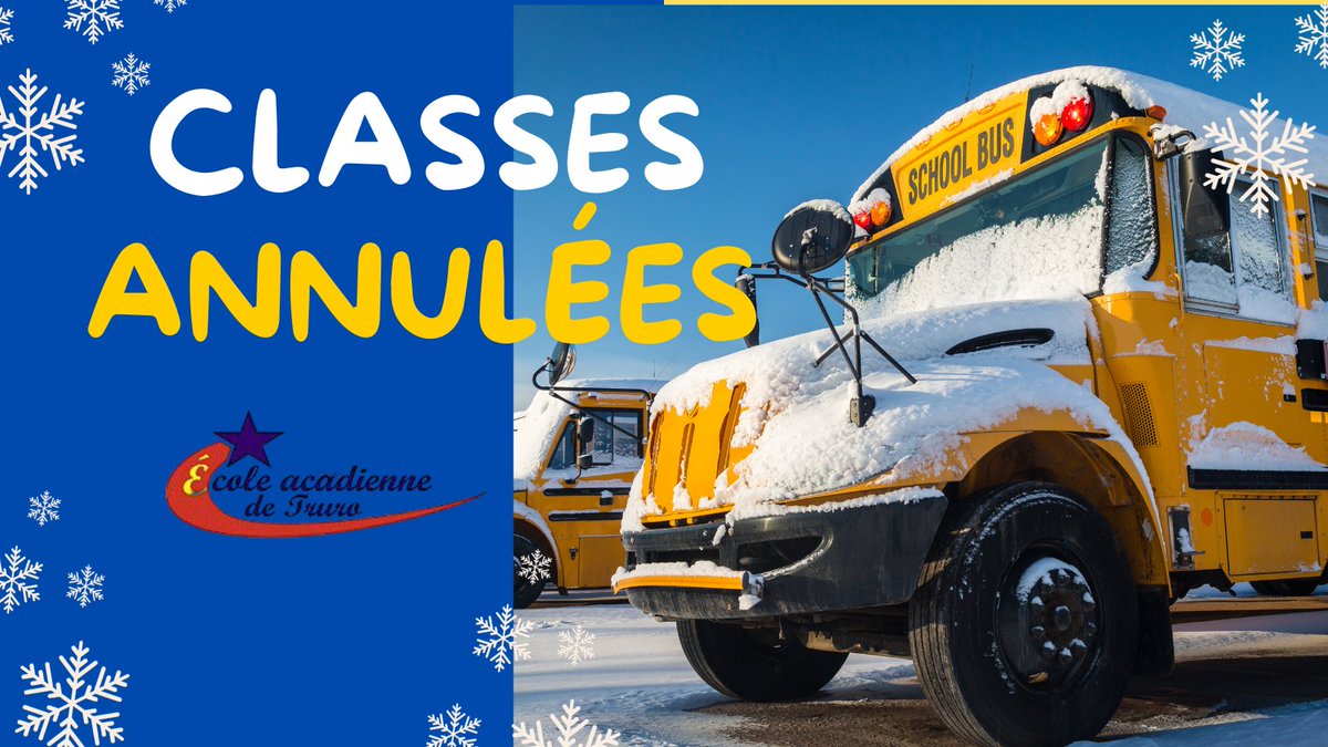 ℹ En raison de la météo, les classes sont annulées à l'École acadienne de Truro aujourd'hui, jeudi 30 janvier.

Les examens sont repoussés d'une journée et la journée pédagogique aura lieu le mardi 4 février.