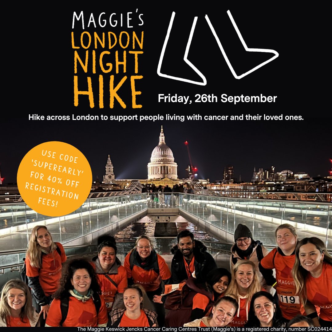 We’re thrilled to share that tickets
for Night Hike 2025 are officially available!🧡

Don’t miss out on our super early bird discount! Use
code ‘SUPEREARLY’ for 40% off your fee
at checkout!

To get your tickets, visit the link in our bio – or contact
amy.sorrell@maggies.org