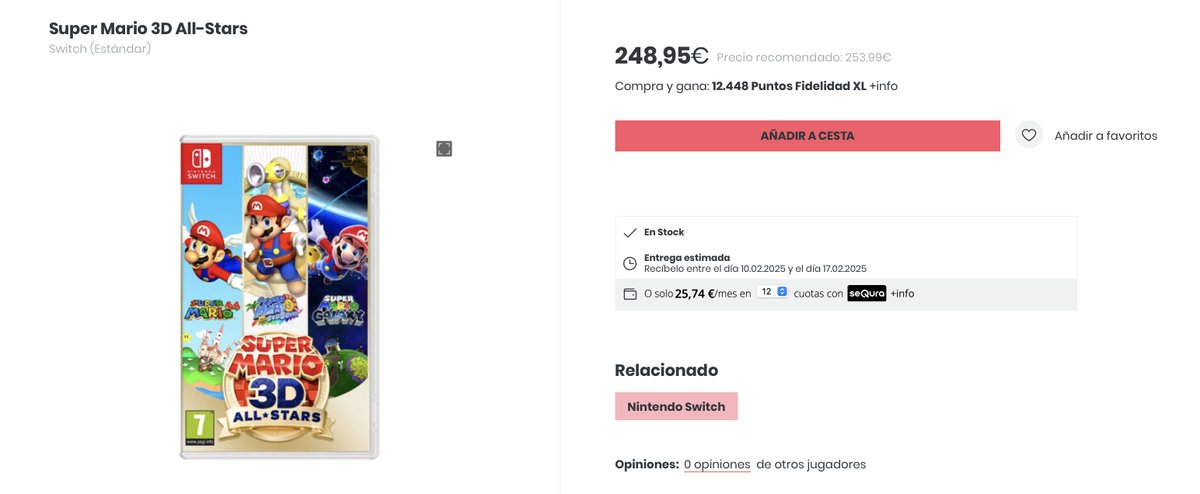 LaCavernaGamer's tweet photo. ¡Hey, @xtralife_es! Un amigo me pasa esta imagen de vuestra tienda con este precio para "Super Mario 3D All-Stars". He ido a comprobar por si había sido un error puntual, pero sigue marcando ese precio.

¿A qué se debe que tengáis este juego en stock a casi 250€? 😱 ¡Saludos! https://t.co/tfIIzTX6DA
