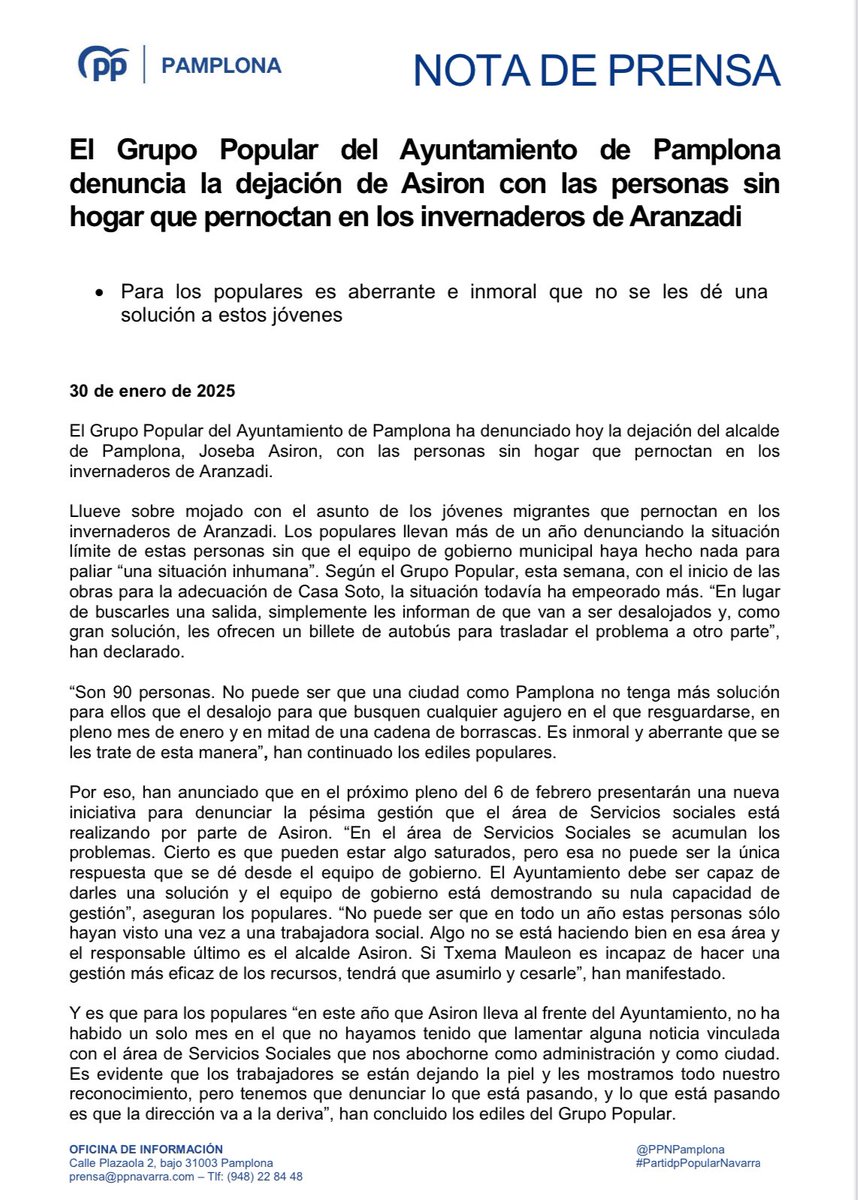 Hoy hemos denunciado la dejación de Asiron con las personas sin hogar que pernoctan en los invernaderos de Aranzadi. · Es aberrante e inmoral que no se les dé una solución a estos jóvenes, por ello presentaremos una moción al próximo Pleno. Os dejamos la nota de prensa completa.