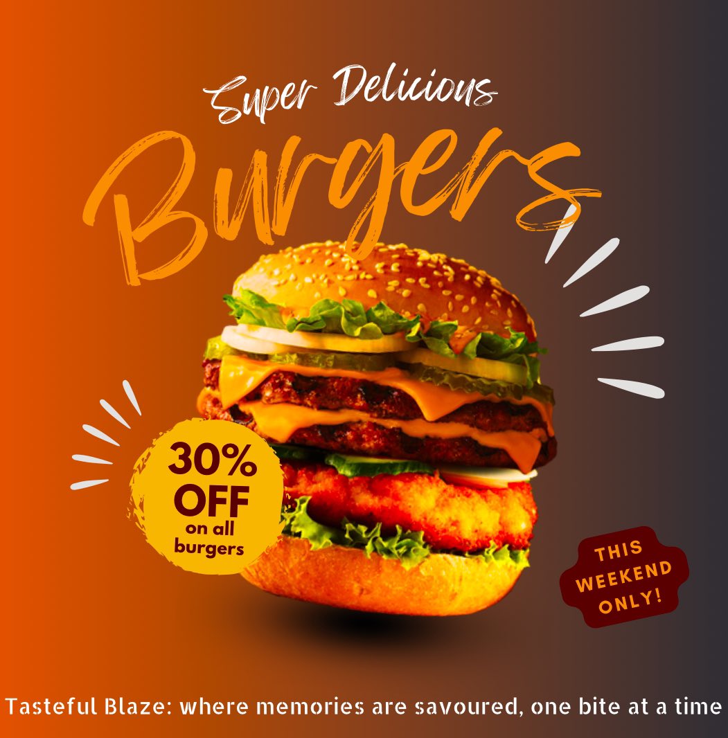 tastefulblaze's tweet photo. Come dine with us this weekend and take advantage of our scrumptious burgers at 30% off! Offer runs from Friday - Sunday. #burgers #steakhouse #burgerdeal https://t.co/rXn3K6tLue