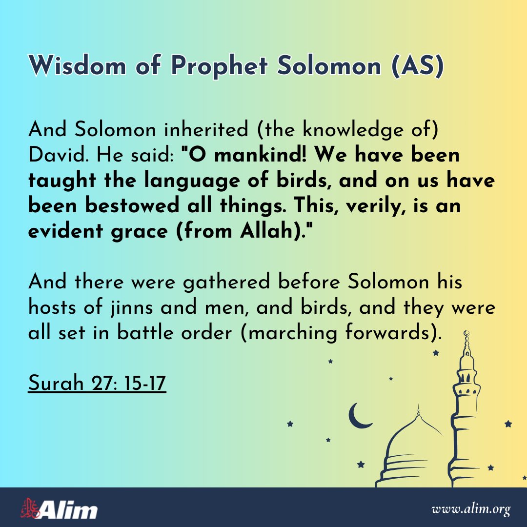 alim_inc's tweet image. 🌟 Wisdom of Prophet Solomon (AS) 🌟

"All the praises and thanks be to Allah, Who has preferred us above many of His believing slaves!"
— Quran 27:15-17
alim.org/history/prophe…

#IslamicHistory #ProphetSolomon #QuranQuotes #SpiritualGrowth #ProphetStories