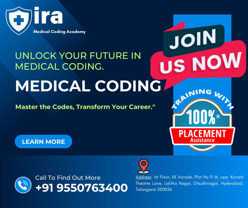 IraCoding's tweet image. IRA Medical Coding Academy
"Building Careers One Code at a Time."
Address: 1st Floor, KK Arcade, Plot No 9-16, opp. Konark Theatre Lane,Lalitha Nagar, Dilsukhnagar, Hyderabad, Telangana 500036
#IRAMedicalCoding
#IRACodingAcademy
#LearnWithIRA
#IRAHealthcareTraining