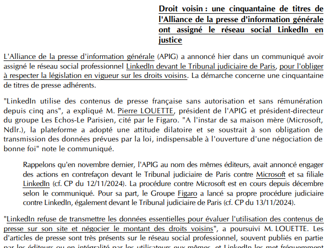 #AujourdhuiDansLaCorres Droit voisin : une cinquantaine de titres de l'Alliance de la presse d'information générale (APIG) ont assigné le réseau social LinkedIn en justice. #Médias