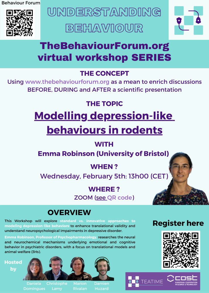 aRukon (@arukon_es) on Twitter photo 🧠 Curious about depression-like behaviors in animal models? <a href="/COST_TEATIME/">COST_TEATIME</a> <a href="/COSTprogramme/">COST</a> <a href="/behaviourforum/">TheBehaviourForum.org</a> @DHuzard <a href="/MarionRivalan/">Marion Rivalan</a>
🔹 Modelling depression-like behaviors in rodents with Emma Robinson
🔹Feb 5th, 13:00, online
📝helsinki.zoom.us/meeting/regist…
#AnimalResearch #Neuroscience 🧠 Curious about depression-like behaviors in animal models? <a href="/COST_TEATIME/">COST_TEATIME</a> <a href="/COSTprogramme/">COST</a> <a href="/behaviourforum/">TheBehaviourForum.org</a> @DHuzard <a href="/MarionRivalan/">Marion Rivalan</a>
🔹 Modelling depression-like behaviors in rodents with Emma Robinson
🔹Feb 5th, 13:00, online
📝helsinki.zoom.us/meeting/regist…
#AnimalResearch #Neuroscience