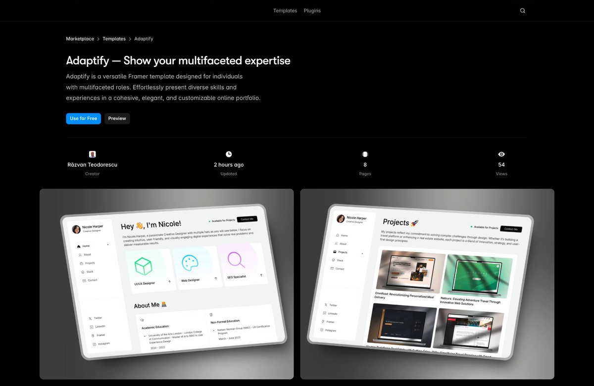 Proud to share that Adaptify, my customizable portfolio template, is now live on the Framer Marketplace! 🚀 Perfect for versatile professionals. Check it out it: framer.com/marketplace/te…

#Framer #WebDesign #Adaptify