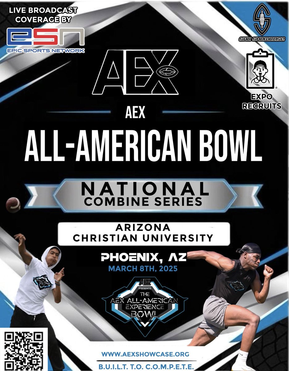 You're invited to the AEX National Combine Series <a href="/AEXShowcase/">THE ALL-AMERICAN EXPERIENCE SHOWCASE, Inc</a> on March 8th, 2025, in Phoenix, AZ! Open to all athletes in the Class of 2026 through 2030. Earn your spot to the AEX All-American Bowl. Come ready to compete and show leadership, integrity, and teamwork! 🏈🏈
