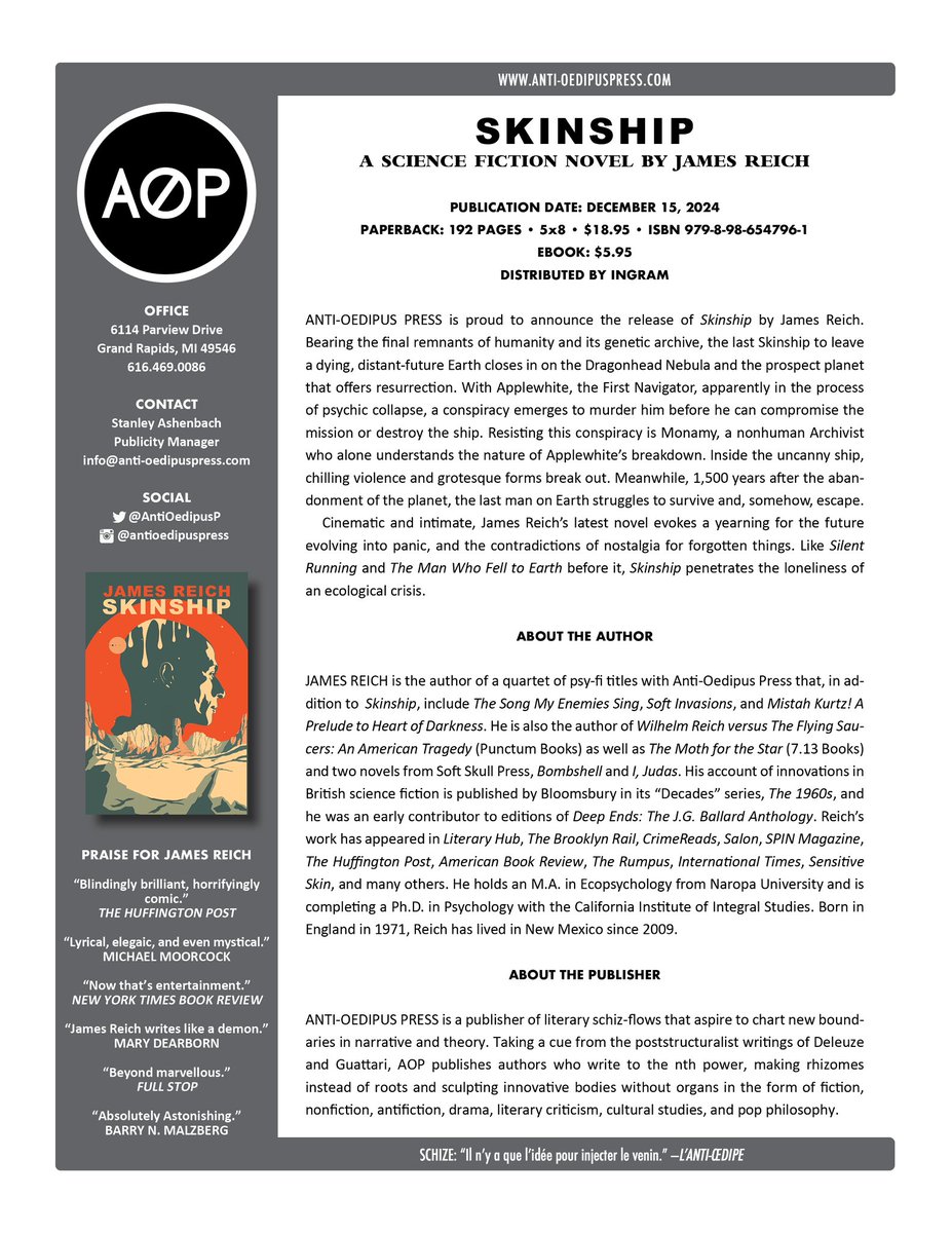 antioedipusp's tweet photo. Out now! Contact us for a free paperback or ebook #reviewcopy.

“James Reich is a literary auteur in the strictest sense. Nobody writes like him." —@dharlanwilson 

https://t.co/8oVbdv35pV https://t.co/Tq7tK513bX
