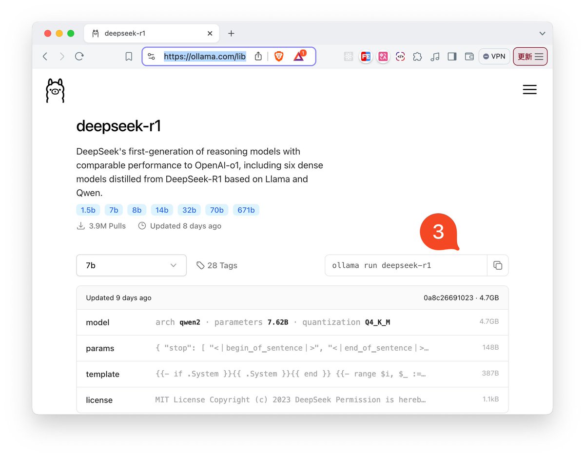 KuoScript's tweet image. 尝试本地部署了deepseek-r1，4Gb的文件，到我电脑上就上知天文、下知地理，还基本没吃多少配置。

而且过程还贼简单，首先到Ollama官网下载客户端，按照图2选择适合自己电脑的模型，然后只需要复制运行一条命令：ollama run deepseek-r1

我的电脑是32G内存的 m1 max，运行8b到32b的模型都很流畅。