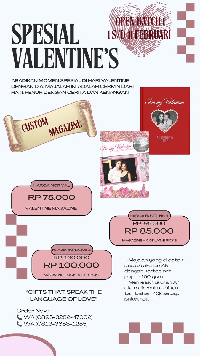 kurumma_'s tweet photo. Hai guys~
lagi buka nih spesial hari valentine yang mau kustom majalah buat pacar, suami, atau istrinya. Untuk dom Surabaya bisa langsung order aja.
#zonauang #zonajajan #ValentinesDay #ValentinesGifts #surabaya https://t.co/ZKi2Hhzh5A