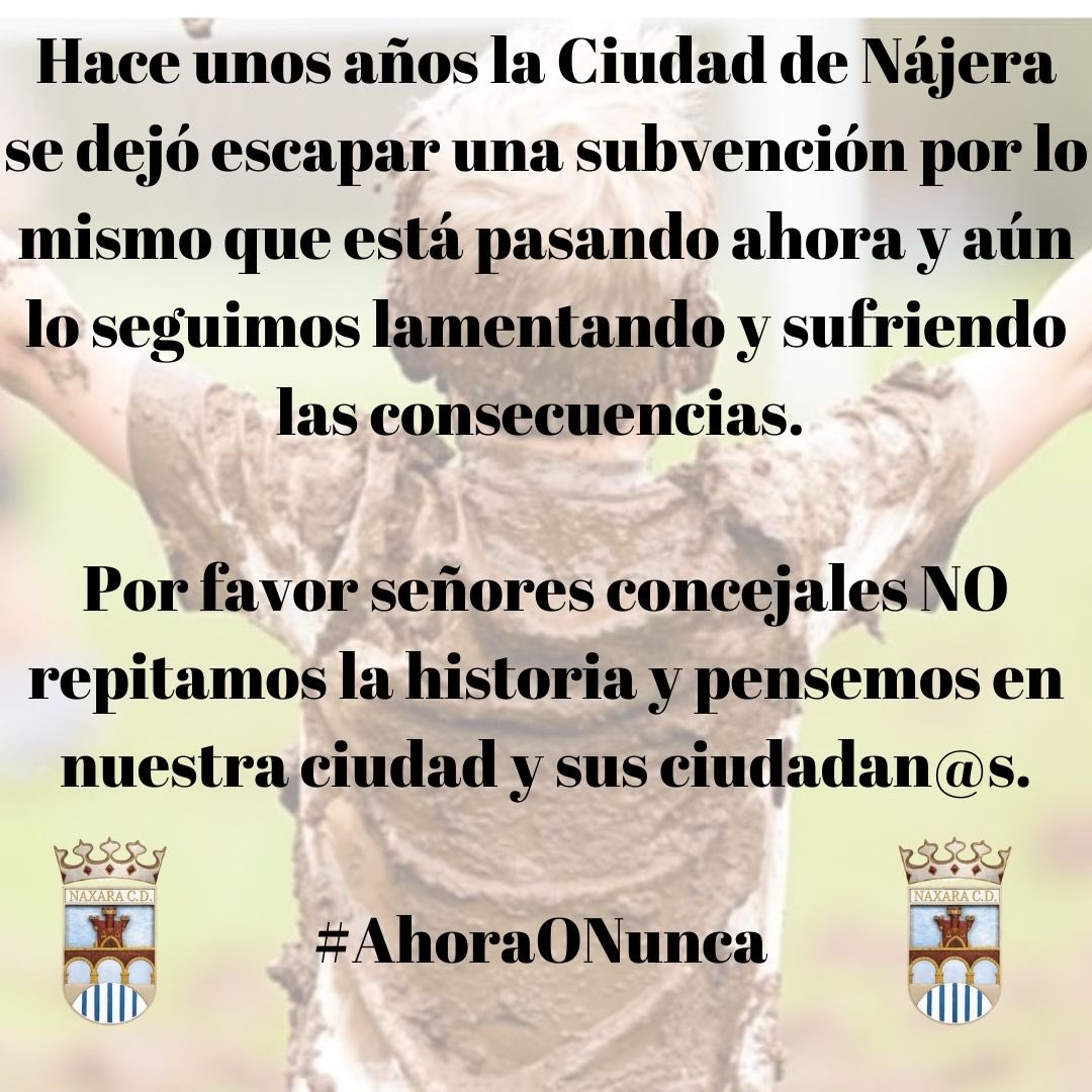 Hace unos años la Ciudad de Nájera se dejó escapar una subvención por lo mismo que está pasando ahora y aún lo seguimos lamentando y sufriendo las consecuencias. 

Por favor señores concejales NO repitamos la historia y pensemos en nuestra ciudad y sus ciudadan@s. 

#AhoraONunca