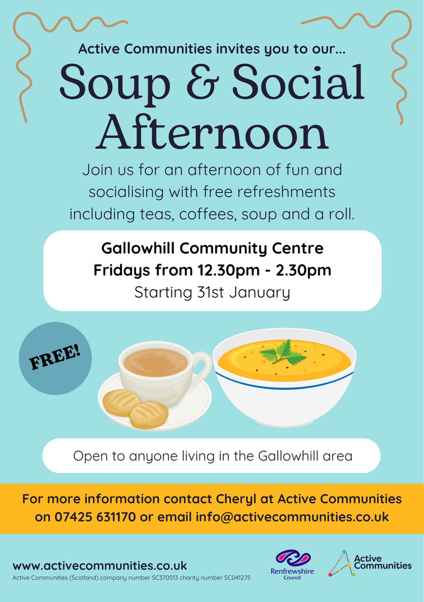 Join us for a warm bowl of fresh soup and a roll at Gallowhill Community Centre every Friday from 12:30pm to 2:30pm, starting 31st January.

This relaxed and welcoming drop-in is open to everyone in the #Gallowhill area. 

Come along for some great food and a friendly atmosphere.