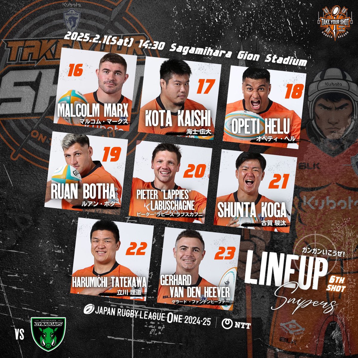 🇯🇵 Dynaboars vs Kubota Spears 

Lewis Chessum straight into the squad and starts on the bench for the Boars. 

Springbok Kurt-Lee Arendse and fellow #SaffasAbroad Walt Steenkamp both start. 

Kubota features 7 in David Bulbring, Merwe Olivier, Rikus Pretorius, Malcolm Marx, Ruan