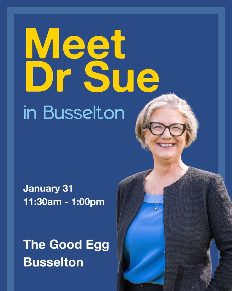 drsue4forrest's tweet image. 🗓️ Friday, 31 January
⏰ 11:30 am - 1:00 pm
📍 The Good Egg, Busselton 

Join me tomorrow morning for a conversation about the future of Forrest. 

Volunteers, supporters, friends, and family all welcome.

Wear your Sue Blue. See you there!

#forrestvotes
#thinkbig
#auspol