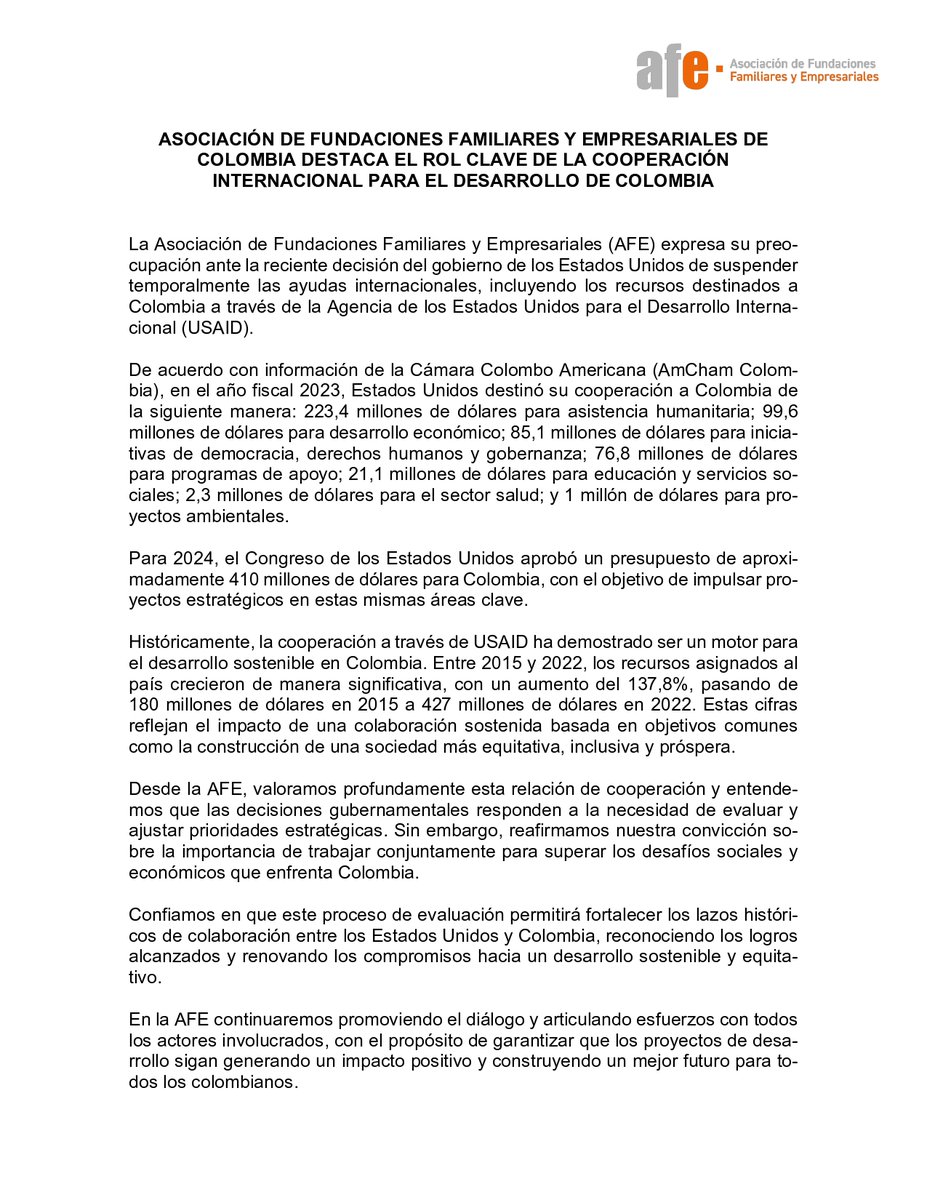 AFE expresa su preocupación ante la reciente decisión del gobierno de los Estados Unidos de suspender temporalmente las ayudas internacionales, incluyendo los recursos destinados a Colombia a través de USAID. 🔗: bit.ly/3EdnzlV