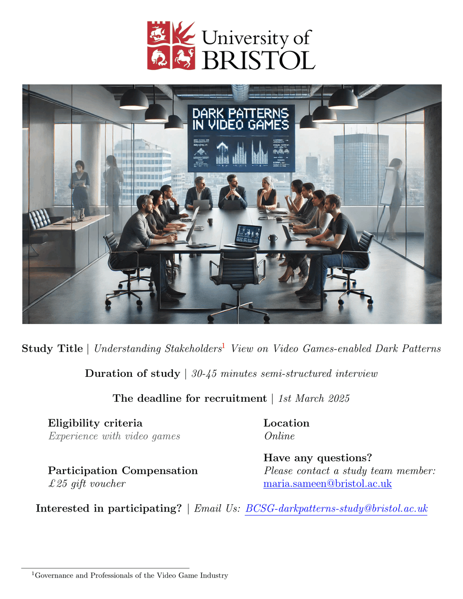 🎮 Calling game devs &amp; regulators!
Join <a href="/BristolUni/">University of Bristol</a> research on modern player engagement strategies
➤ 30-45min online interview
➤ £25 gift voucher
➤ Join via mail @ BCSG-darkpatterns-study@bristol.ac.uk
➤ Deadline: 1 Mar 2025
#GameDev #GamingResearch #PlayerExperience