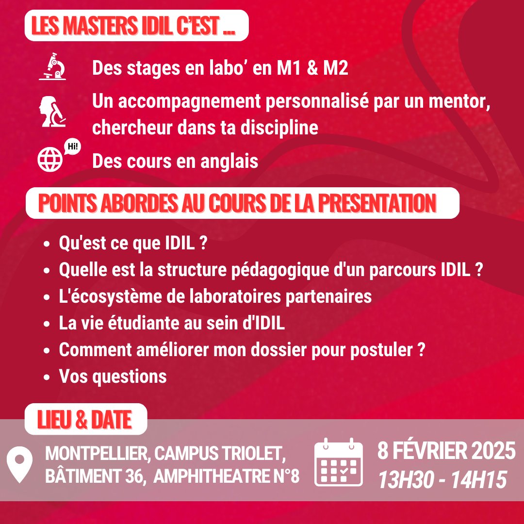 Fac des Sciences UM (@facsciencesum) on Twitter photo Masters IDIL : 12 parcours masters et 1 parcours ingénieur de champs disciplinaires distincts, unis par une pédagogie unique
Samedi 8 février, viens te renseigner sur les Masters IDIL où il y aura un stand et une conférence durant la journée.
<a href="/IDILProgram/">IDIL Graduate Program</a> <a href="/umontpellier/">Université de Montpellier</a> Masters IDIL : 12 parcours masters et 1 parcours ingénieur de champs disciplinaires distincts, unis par une pédagogie unique
Samedi 8 février, viens te renseigner sur les Masters IDIL où il y aura un stand et une conférence durant la journée.
<a href="/IDILProgram/">IDIL Graduate Program</a> <a href="/umontpellier/">Université de Montpellier</a>