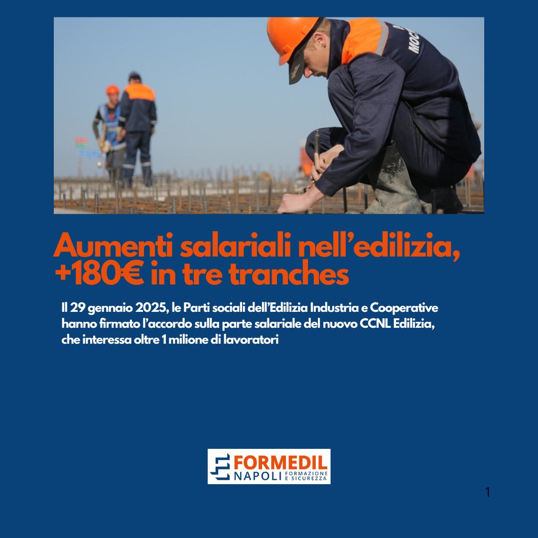 Lo scorso 29 gennaio è stato firmato l'accordo sulla parte salariale del nuovo Contratto Collettivo Nazionale di Lavoro dell'Edilizia

ps://www.formedilnapoli.it/2025/01/30/rinnovo-contratto-nazionale-di-lavoro-edilizia-2025-2028-prima-intesa-raggiunta/