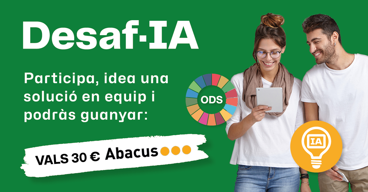 💡 Ep, #UABer!

Participa a la competició #DesafIA, utilitza el design thinking i la IA per resoldre reptes socials i ambientals i podràs guanyar vals de 30 per gastar a Abacus.

🗓️ 19 març
🕙 De 10 a 13h
📍 Edifici RR (pl. Cívica)
✏️ Info + inscripcions: uab.cat/ca/ocupabilita…