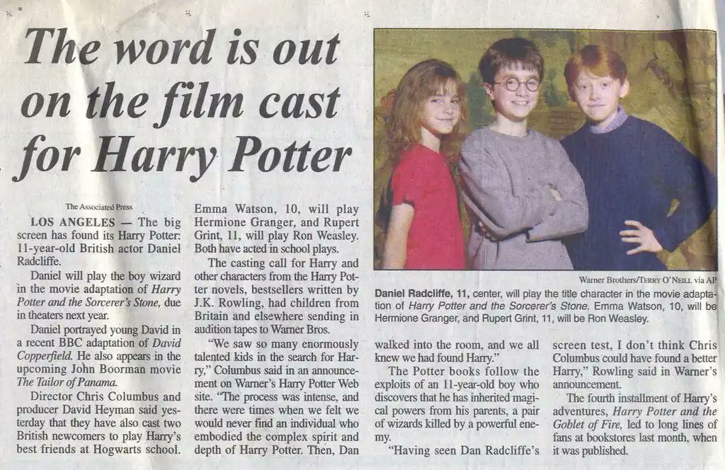 PotterWorldUK's tweet photo. Newspaper announcement of Harry Potter casting from 2000. https://t.co/oq2qRbgfYW