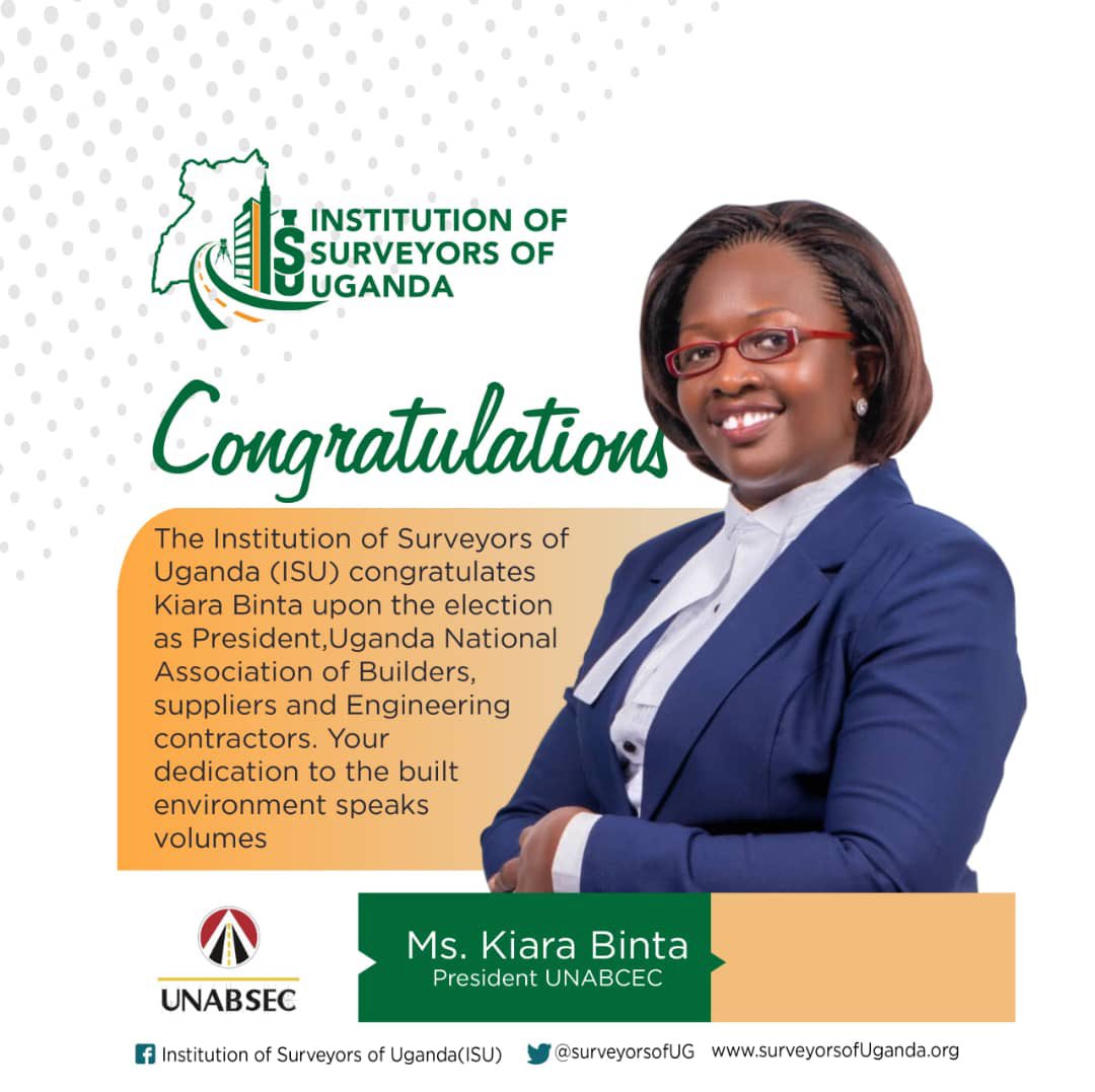 Institution of Surveyors of Uganda (@surveyorsofug) on Twitter photo The construction industry welcomes <a href="/UNABSECPresidnt/">Kiara Binta Nkuranga</a> to the role.
Best wishes for all forthcoming objectives. The construction industry welcomes <a href="/UNABSECPresidnt/">Kiara Binta Nkuranga</a> to the role.
Best wishes for all forthcoming objectives.