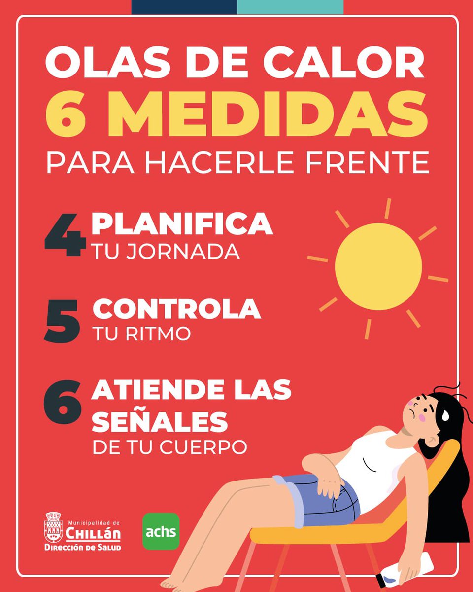 CESFAMVOLCANES1's tweet photo. 🔥🌡️ *¡Alerta por altas temperaturas en Chillán!* 🌞

Con el aumento de las temperaturas, es importante tomar precauciones para proteger nuestra salud y bienestar. Aquí te dejamos algunas medidas de prevención: https://t.co/ehrptzdsAR