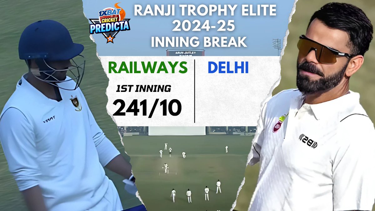 IndianSportFan's tweet photo. Ranji Trophy Elite 2024-25 
Railways vs Delhi

RLYS 1st Inning 242/10 (67.2)
#IndianSportsFans #CricketPredicta #Glofans #ViratKohli𓃵 #ranjitrophy2025 #arunjaitleystadium #ViratKohli https://t.co/Rey4aSnXv3