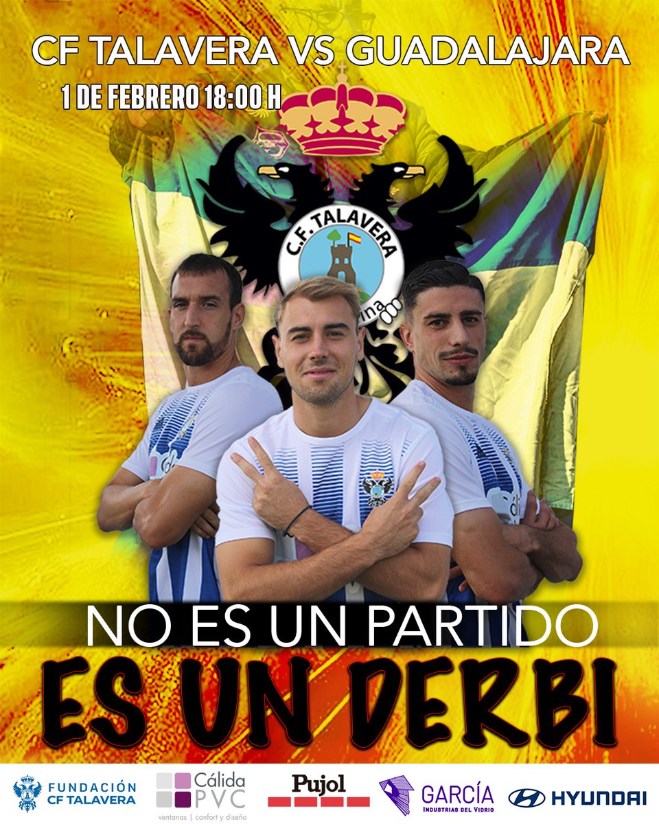 CF Talavera de la Reina 💙🏺 (@cftalavera) on Twitter photo 💥 Jornada 21
Llega #ElGranDerbi 🔥
🆚 <a href="/deporguada/">C.D. Guadalajara 🟣⚪️</a>
🏟 El Prado
📅 Sábado 1 de febrero
⏰ 18:00 horas
📺 Online desde <a href="/CMM_Play/">CMMPlay</a> y en abierto a través de la TDT en el canal de <a href="/CMM_es/">Castilla-La Mancha Media</a>
🎟️ Consigue tu entrada a través del enlace de nuestro perfil o en las taquillas del estadio 💥 Jornada 21
Llega #ElGranDerbi 🔥
🆚 <a href="/deporguada/">C.D. Guadalajara 🟣⚪️</a>
🏟 El Prado
📅 Sábado 1 de febrero
⏰ 18:00 horas
📺 Online desde <a href="/CMM_Play/">CMMPlay</a> y en abierto a través de la TDT en el canal de <a href="/CMM_es/">Castilla-La Mancha Media</a>
🎟️ Consigue tu entrada a través del enlace de nuestro perfil o en las taquillas del estadio