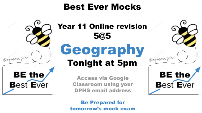 dphs's tweet photo. Calling all of our Year 11 Geographers!
Make sure you're logging on for tonight's 5@5 revision in preparation for tomorrow's Paper 2 mock exam.
#BEprepared
#BEsuccessful
#BEtheBestEver https://t.co/wR6A30rA3E