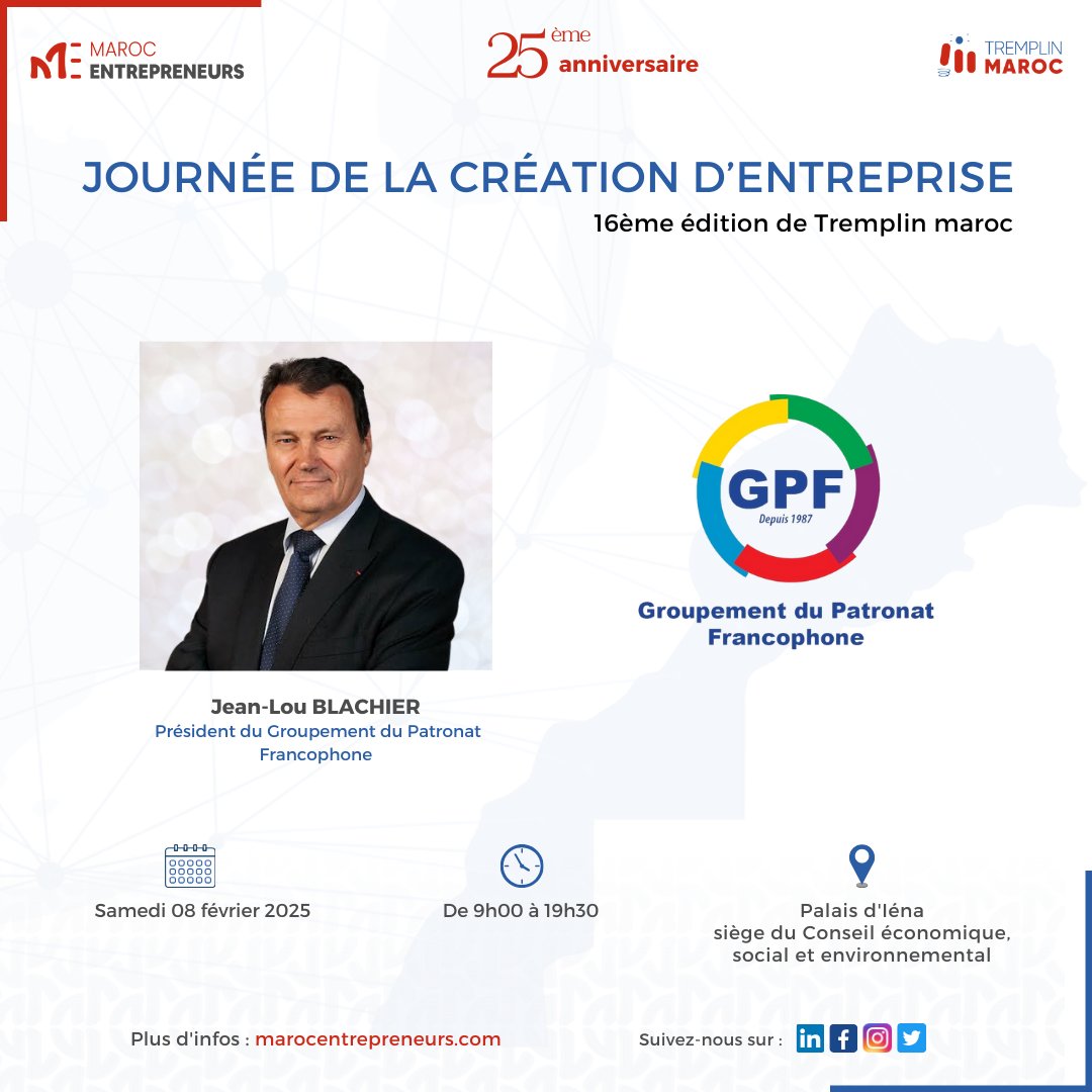 ✨Nous avons l’honneur d’accueillir M. <a href="/jeanloublachier/">Jean-Lou Blachier</a> , Président du Groupement du Patronat Francophone. 
Il partagera sa vision sur les enjeux du patronat pour renforcer la coopération entre les entreprises en Afrique et en Europe. 

👉 Inscrivez-vous : lnkd.in/ekbfHSvm