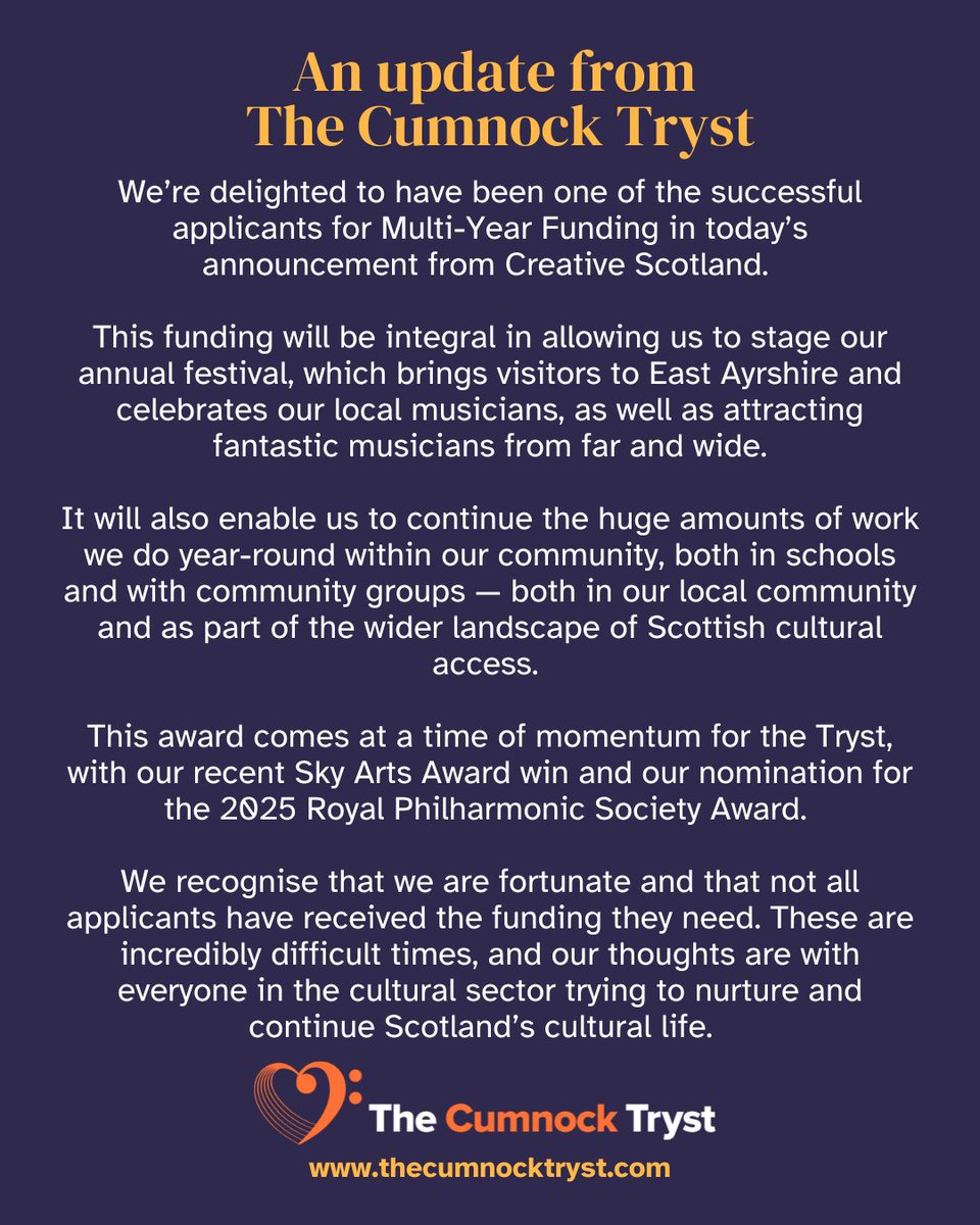 The Cumnock Tryst (@thecumnocktryst) on Twitter photo An update from us at the Tryst following this morning's Multi-Year Funding announcement from <a href="/CreativeScots/">Creative Scotland</a>... 🧡 An update from us at the Tryst following this morning's Multi-Year Funding announcement from <a href="/CreativeScots/">Creative Scotland</a>... 🧡