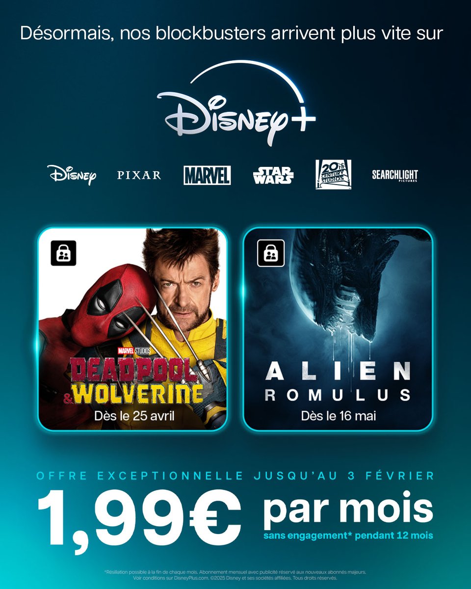 Dernière chance pour profiter de Disney+ à 1,99€ par mois pendant 12 mois sans engagement. Désormais, les blockbusters des studios Disney, Pixar, Marvel, Star Wars, 20th Century Studios et Searchlight Pictures, arrivent 9 mois après leur sortie au cinéma sur #DisneyPlus !