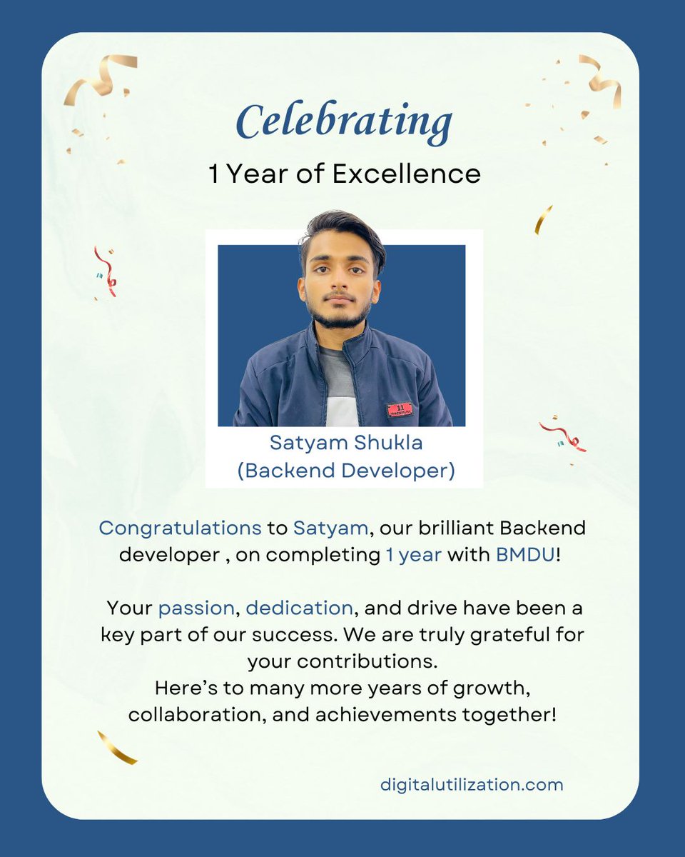 DigitalUtiliza1's tweet photo. 🎉 Celebrating 1 Year of Excellence! 🎉
A big shoutout to Satyam Shukla, our brilliant Backend Developer, for completing one amazing year with BMDU! 🚀

#WorkAnniversary #TeamSuccess #BMDU #EmployeeAppreciation #CelebratingExcellence #TechTalent #bmdigitalutilization https://t.co/JBgkKCyII0