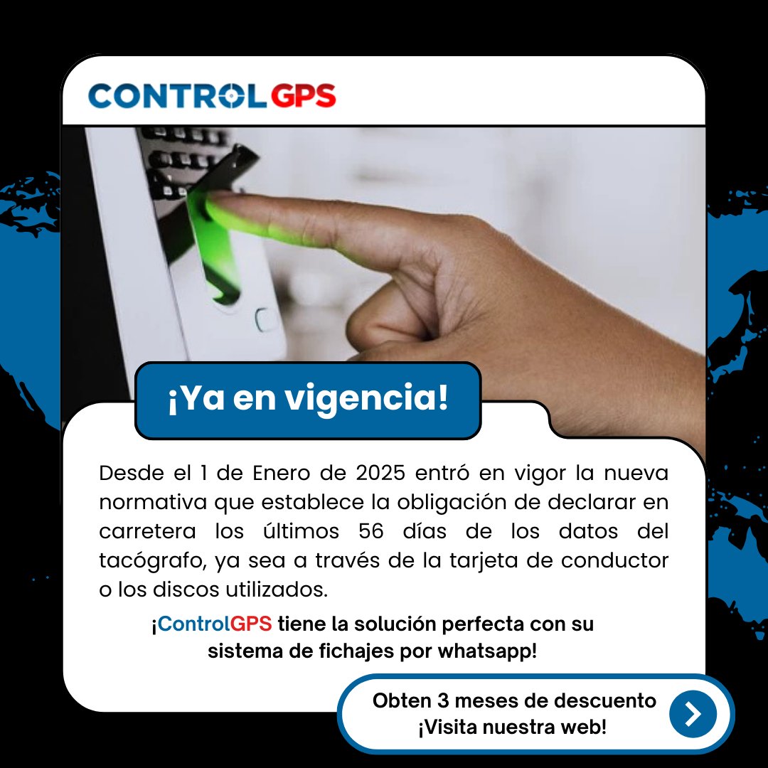 Control_GPS's tweet photo. 🚛📢 ¡Atención transportistas! Desde el 1 de enero de 2025, es obligatorio declarar en carretera los últimos 56 días de datos del tacógrafo. ⏳

✅ Con ControlGPS, olvídate de complicaciones. Nuestro sistema de fichajes por WhatsApp 📲 te facilita el cumplimiento de la normativa. https://t.co/bysus7CHer