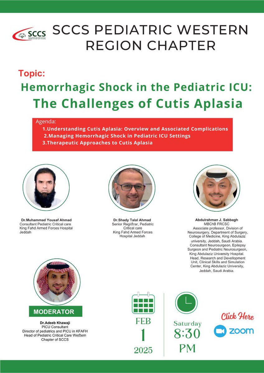 The Saudi Critical Care Society (@saudiccsociety) on Twitter photo 🚨 Join us for an insightful webinar: "Hemorrhagic Shock in the Pediatric ICU: The Challenges of Cutis Aplasia."
🗓 Date: February 1, 2025
⏰ Time: 8:30 PM
📍 ZOOM: us02web.zoom.us/j/83387895511?…
#PedsICU #MedicalWebinar #CutisAplasia #CriticalCare
<a href="/AdeebKhawaji/">أديب بن طاهر خواجي Adeeb Khawaji</a> 🚨 Join us for an insightful webinar: "Hemorrhagic Shock in the Pediatric ICU: The Challenges of Cutis Aplasia."
🗓 Date: February 1, 2025
⏰ Time: 8:30 PM
📍 ZOOM: us02web.zoom.us/j/83387895511?…
#PedsICU #MedicalWebinar #CutisAplasia #CriticalCare
<a href="/AdeebKhawaji/">أديب بن طاهر خواجي Adeeb Khawaji</a>