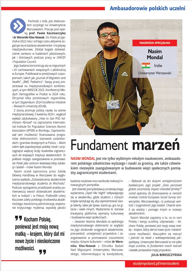 CMR_Warsaw (@cmr_warsaw) on Twitter photo "I love Poland because it's my new mother - a country which gave me new life and infinite possibilities" - says our PhD student #NasimMondal (supervised by <a href="/WKlocNowak/">Weronika Kloc-Nowak</a> and <a href="/kaczmarczyk_cmr/">Pawel Kaczmarczyk</a>) who received a prize for his involvement from <a href="/PerspektywyPL/">Perspektywy</a> magazine. Congratulations! "I love Poland because it's my new mother - a country which gave me new life and infinite possibilities" - says our PhD student #NasimMondal (supervised by <a href="/WKlocNowak/">Weronika Kloc-Nowak</a> and <a href="/kaczmarczyk_cmr/">Pawel Kaczmarczyk</a>) who received a prize for his involvement from <a href="/PerspektywyPL/">Perspektywy</a> magazine. Congratulations!