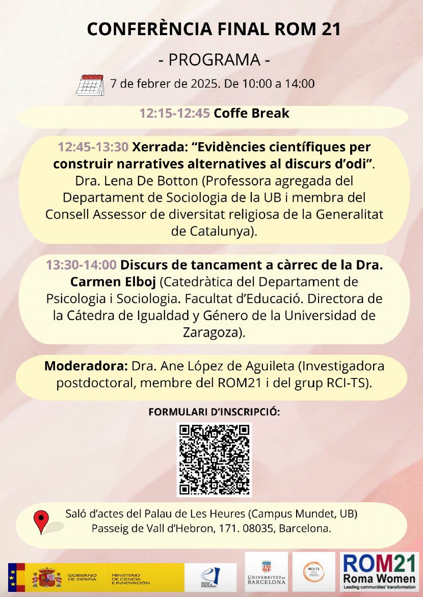 S'ha publicat el programa de la Conferència Final de ROM21 (7 de febrer a les 10 h). Podràs assistir a un acte d'excel·lència científica i d'impacte social, explicat per les pròpies persones participants i investigadores del projecte. Inscripcions: forms.office.com/e/QXK1tfyhvn