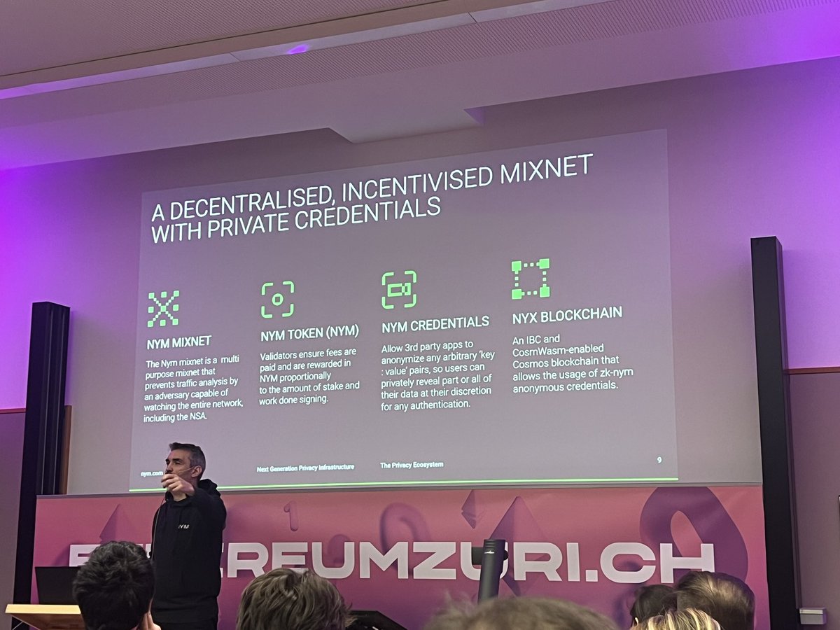 Just witnessed a groundbreaking talk by <a href="/alexis_roussel/">Alexis Roussel</a> about privacy and 
<a href="/NymFrance/">Nym France 🇫🇷</a> at <a href="/EthereumZurich/">EthereumZuri.ch</a>!

🚨 Privacy isn’t just about encryption—it’s about hiding metadata too.

🔒 VPNs? Centralized &amp; trust-based. They see your traffic.
🧅 Tor? Better, but still vulnerable to
