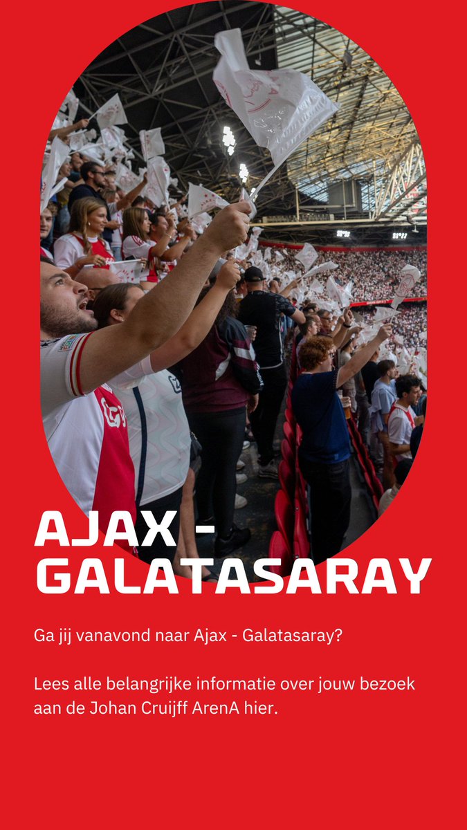 Ga jij vanavond naar Ajax - Galatasaray in de ArenA? ⚽ Lees dan de bezoekersinformatie op onze website: johancruijffarena.nl/kalender/38525…