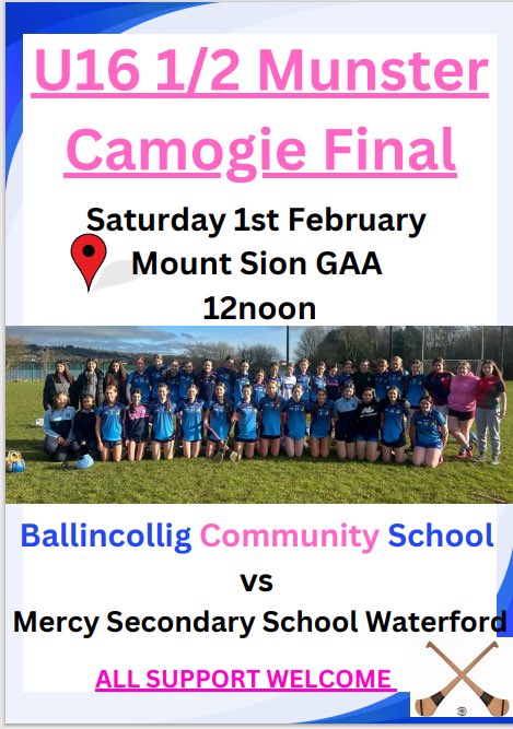 Ballincollig Community School (@balcsie) on Twitter photo ‼️ Our U16 1/2 Munster Final is this Saturday, February 1st, at 12 noon in Mount Sion GAA, Waterford! ‼️ All support is welcome – let’s go, gals! 💪🏻🏆
<a href="/BallincolligGAA/">CLG Bhaile an Chollaigh</a>
, <a href="/bnoracamogielgf/">Ballinora Camogie & Ladies Football</a> , <a href="/Ballinhassigcam/">Ballinhassig Camogie</a> ,<a href="/CloughduvC/">Cloughduv Camogie</a>, @iniscarracamogie, <a href="/eireogcork/">Éire Óg Cork</a> ‼️ Our U16 1/2 Munster Final is this Saturday, February 1st, at 12 noon in Mount Sion GAA, Waterford! ‼️ All support is welcome – let’s go, gals! 💪🏻🏆
<a href="/BallincolligGAA/">CLG Bhaile an Chollaigh</a>
, <a href="/bnoracamogielgf/">Ballinora Camogie & Ladies Football</a> , <a href="/Ballinhassigcam/">Ballinhassig Camogie</a> ,<a href="/CloughduvC/">Cloughduv Camogie</a>, @iniscarracamogie, <a href="/eireogcork/">Éire Óg Cork</a>