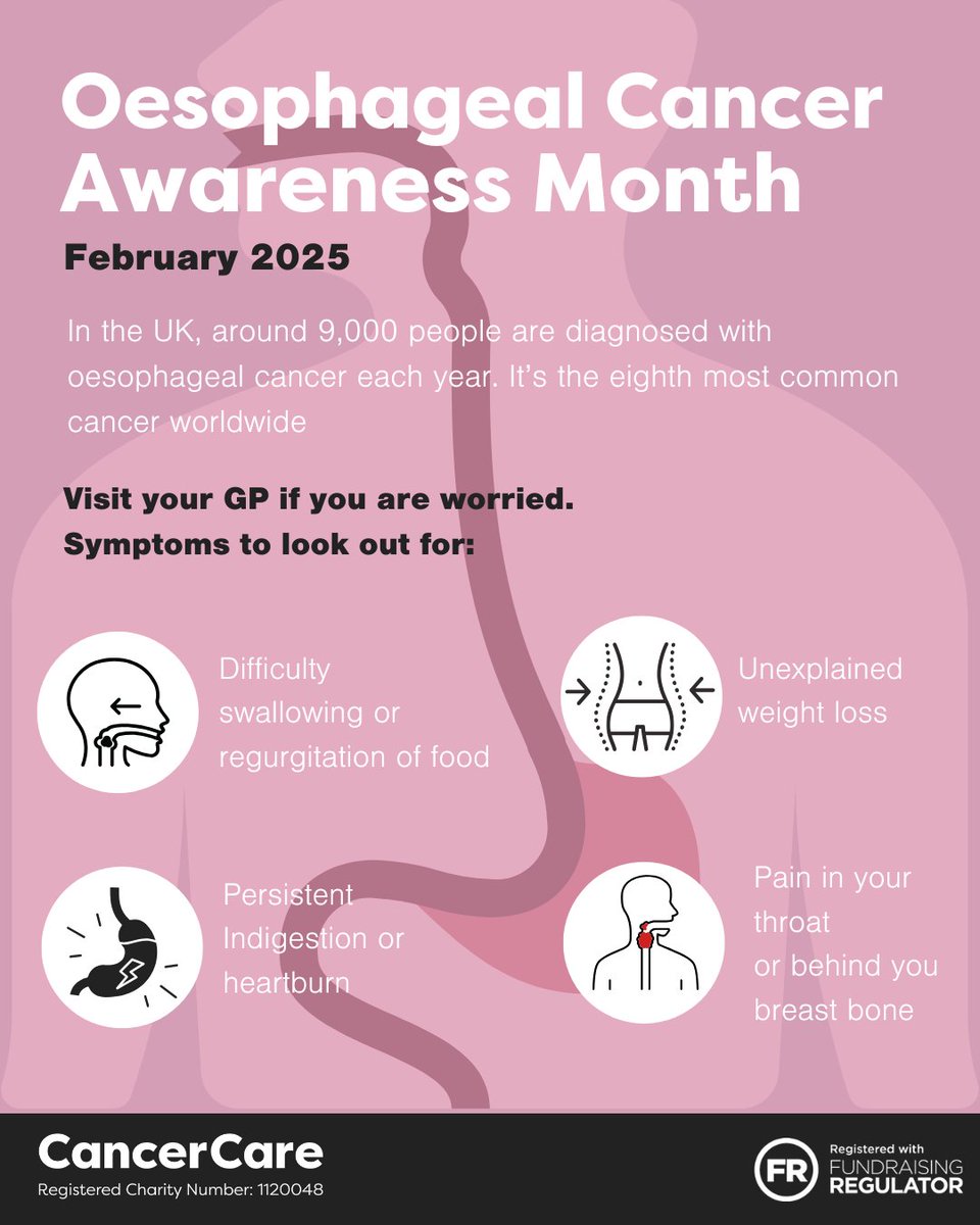 February is Oesophageal Cancer Awareness Month

Oesophageal cancer is a type of cancer that develops in the oesophagus, known as the food pipe, which connects the mouth to the stomach

#CancerCare #CancerSigns #CancerSymptoms #Oesophageal #CancerAwarenessMonth #CancerSupport