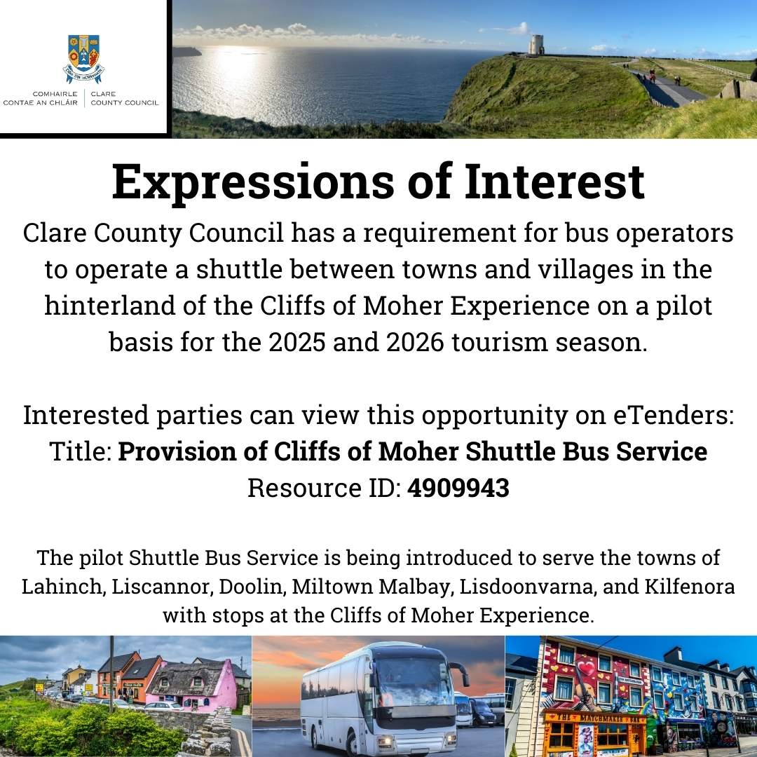 As part of the Cliffs of Moher Experience's sustainable transport plans, a Pilot Shuttle Bus Service is being introduced to serve the towns of Lahinch, Liscannor, Doolin, Miltown Malbay, Lisdoonvarna, and Kilfenora, with stops at the Cliffs of Moher Experience.
