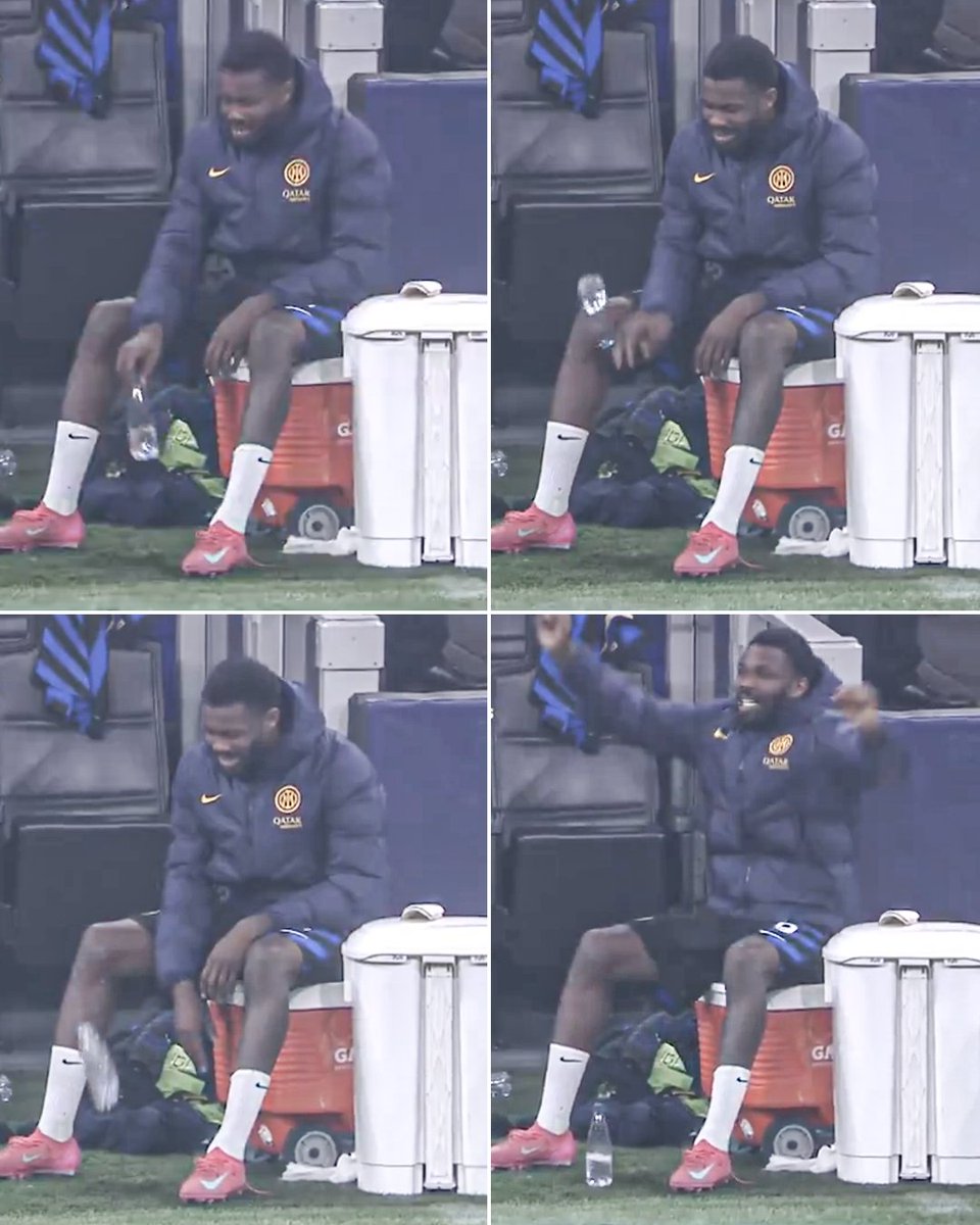 ESPNFC's tweet photo. Marcus Thuram playing the bottle flip game whilst on the bench during Inter vs. Monaco 😂💧 https://t.co/L15tlhKrw5
