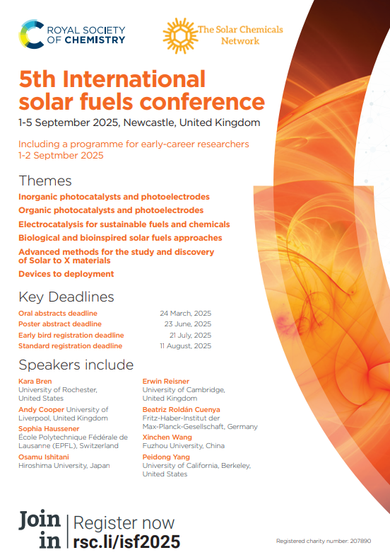 Reisner Lab (@reisnerlab) on Twitter photo 📢 Join us 1-5 September in Newcastle for the 5th International #SolarFuels conference ☀️<a href="/SolarFuels_UK/">The Solar Chemicals Network</a>
Submit your oral abstract by 24th March and poster abstract by 23rd June 📊
Find out more at: invt.io/1txb2onuf9h 📢 Join us 1-5 September in Newcastle for the 5th International #SolarFuels conference ☀️<a href="/SolarFuels_UK/">The Solar Chemicals Network</a>
Submit your oral abstract by 24th March and poster abstract by 23rd June 📊
Find out more at: invt.io/1txb2onuf9h