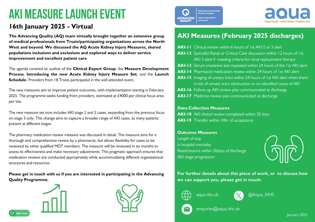 Advancing Quality (AQ) (@aqprogrammenhs) on Twitter photo Our successful AKI measure launch took place recently. AQ’s measure sets are consensus-based and clinically endorsed. They define what high-quality care looks like. For more information contact: advancing.quality@aqua.nhs.uk Our successful AKI measure launch took place recently. AQ’s measure sets are consensus-based and clinically endorsed. They define what high-quality care looks like. For more information contact: advancing.quality@aqua.nhs.uk