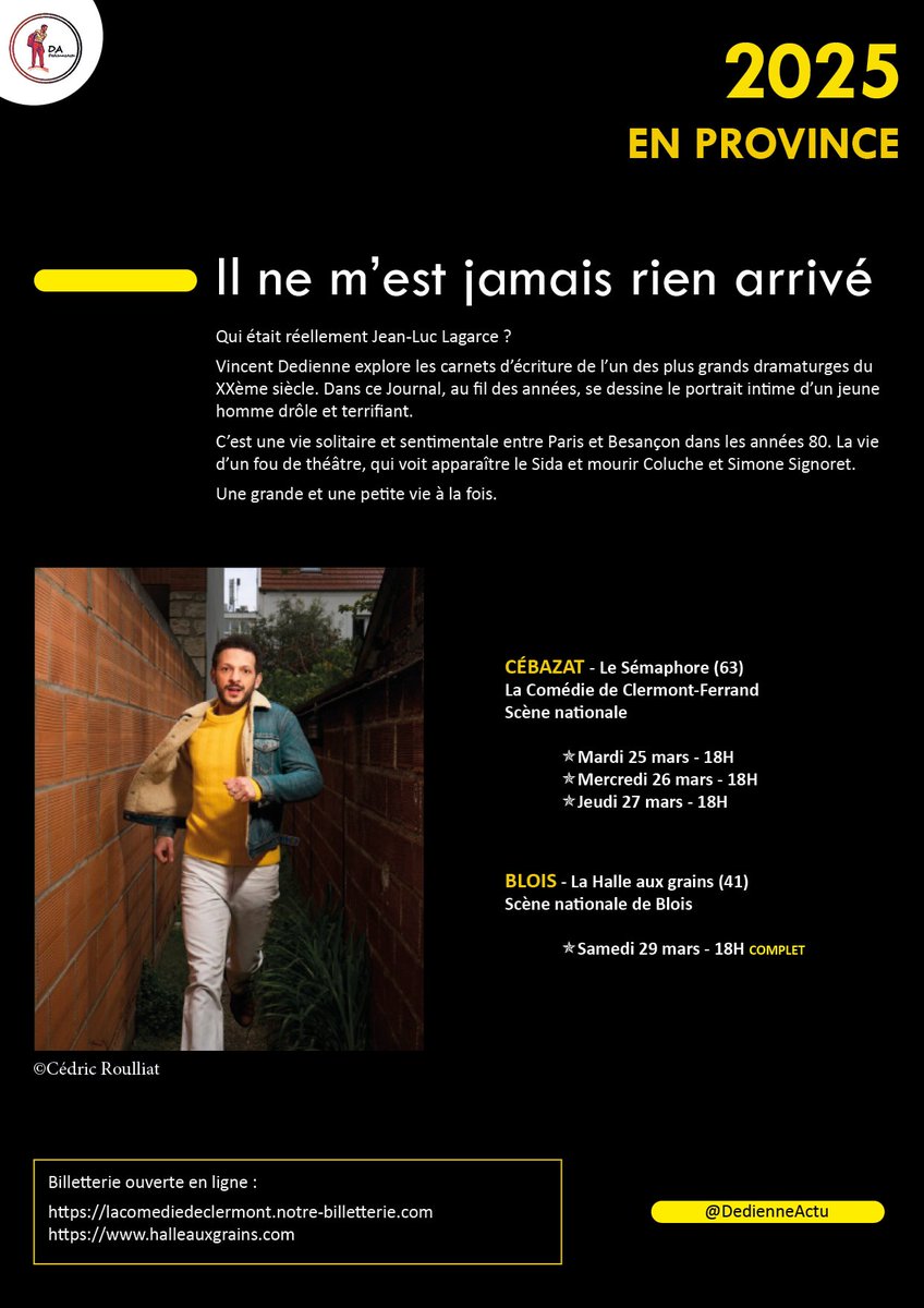 Les représentations en province de "Juste la fin du monde" et "Il ne m'est jamais rien arrivé" affichent déjà "Complet" pratiquement partout 👏
#VincentDedienne
